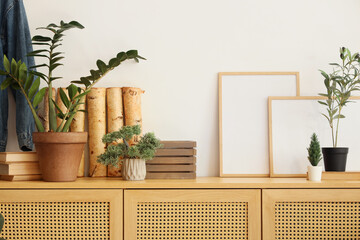 Books with firewood, plants and frames on commode in living room