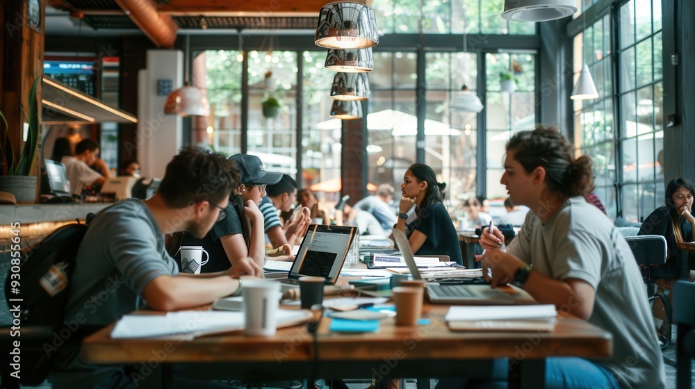 Poster Young entrepreneurs engage in teamwork at a modern cafe surrounded by laptops, notebooks, and coffee cups, creating a vibrant workspace atmosphere. Generative AI