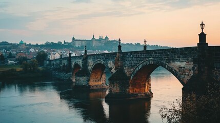 Fototapeta premium Stone Bridge Over River With Castle In Background At Sunset