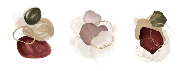 Arrangements. Terracotta, orange, maroon, brown, blush, green, beige watercolor Illustration and gold elements, on white background. Abstract modern print set. Logo. Wall art. Poster. Business card.