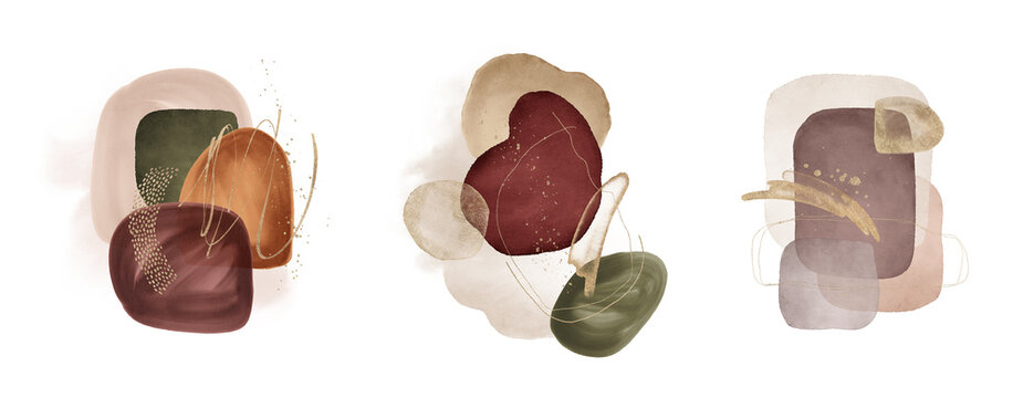 Fototapeta Arrangements. Terracotta, orange, maroon, brown, blush, green, beige watercolor Illustration and gold elements, on white background. Abstract modern print set. Logo. Wall art. Poster. Business card.