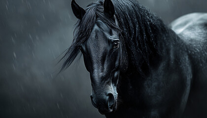 A recreation of a black horse staring intently, capturing the majestic and powerful nature of the animal. Suitable for nature or wildlife-related content