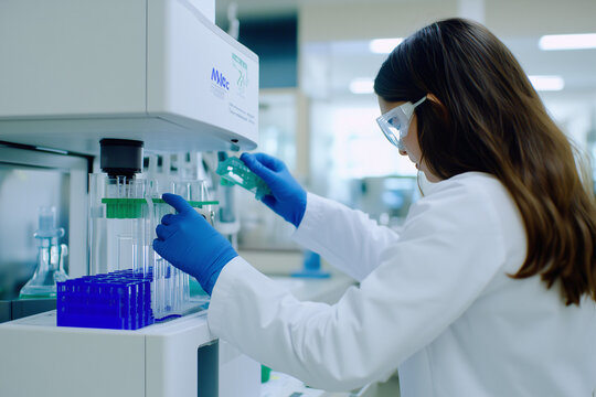 employee in a scientific laboratory, image for science and chemistry publications, test tubes and scientific technical instruments in the frame, bright room, background image