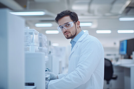 employee in a scientific laboratory, image for science and chemistry publications, test tubes and scientific technical instruments in the frame, bright room, background image