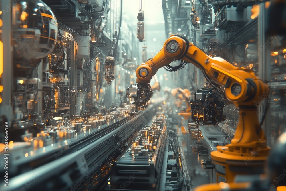 Poster futuristic factory with robot arm. illustrates automation and advanced technology.