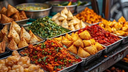 Obraz premium Colorful assortment of Indian street food snacks including samosas, bhajis, and chaat, displayed on a vibrant market stall
