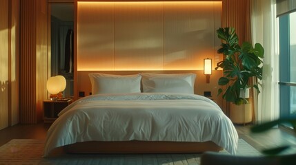 Elegant Simplicity in a Modern Bedroom with Neutral Tones and Refined Furnishings