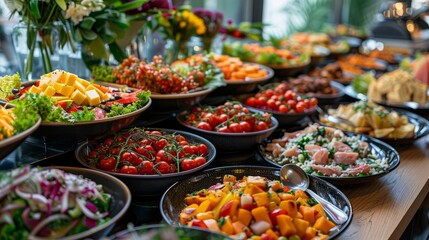 Fototapeta premium Colorful buffet display with an assortment of dishes, including salads, entrees, and desserts