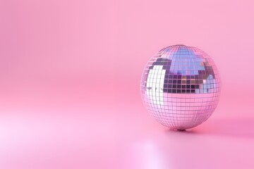 A silver disco ball sits on a pink background.