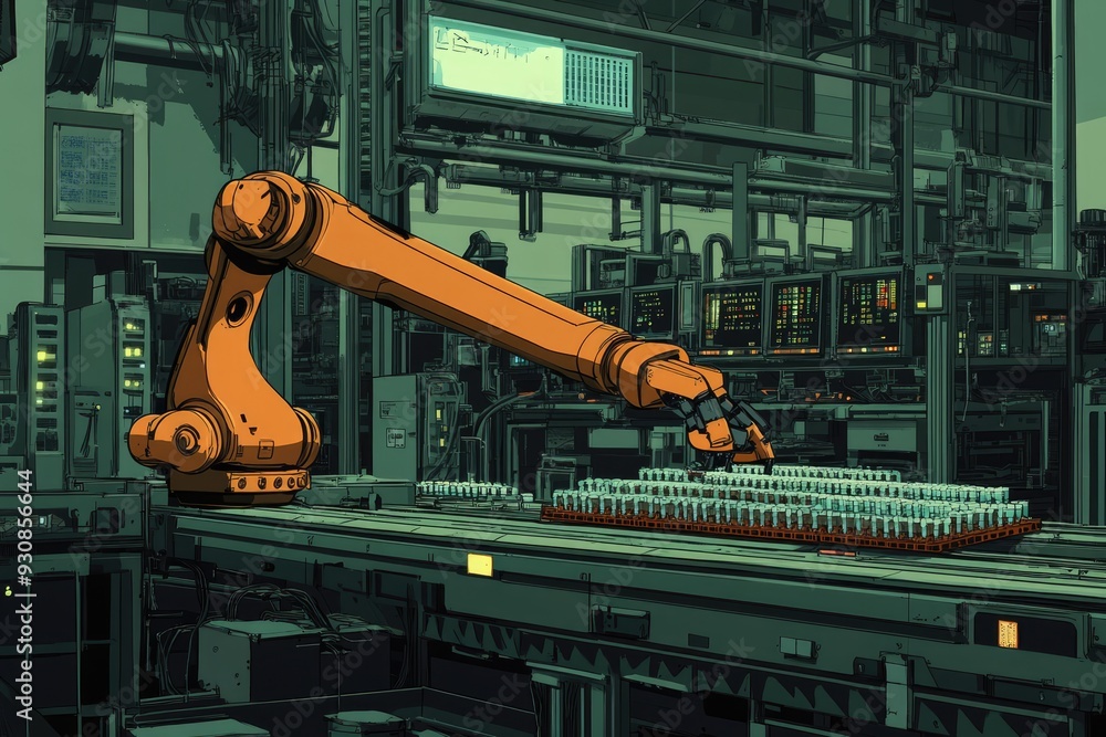 Poster a robotic arm in a factory setting. it represents automation in modern production.