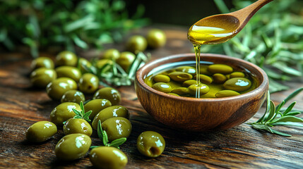 hand pouring olive oil from a bottle into a spoon in a kitchen setting. The image emphasizes the natural flow of the oil, representing health, wellness, and culinary preparation