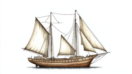 Obraz premium Hand Drawn Illustration of a Vintage Sailboat with White Sails
