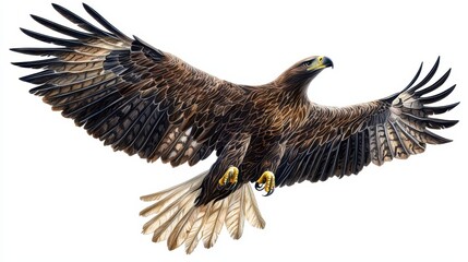 Obraz premium Golden Eagle in Flight Wings Spread White Background