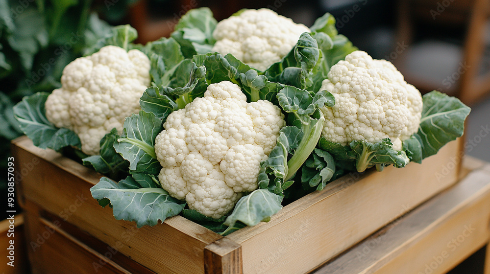 Sticker cauliflower plant stands tall in a vibrant green field, bathed in sunlight. The detailed texture of the vegetable contrasts with the soft, blurred background, emphasizing nature's abundance and harves