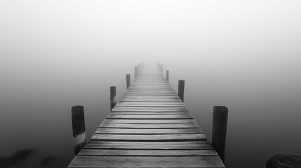 A minimalistic scene featuring a wooden pier extending into thick fog...