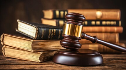 Judge's Gavel and Legal Books on Wooden Table.