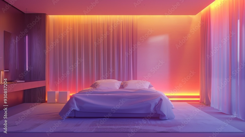 Poster sleek bedroom design with ambient lighting and soft textures creating a calm oasis in a contemporary