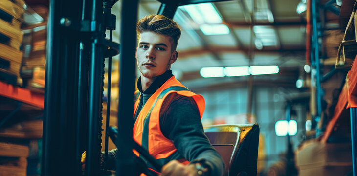 A young worker operating a forklift in a warehouse with wooden pallets during the day