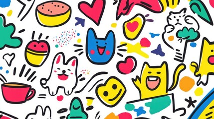 Fototapeta premium Colorful Doodle Pattern with Animals Hearts and Geometric Shapes
