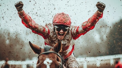A jockey celebrates victory on a muddy track. This image captures the raw emotion and thrill of winning a horse race.
