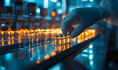 Pharmacist scientist with sanitary gloves examining medical vials on a production line conveyor belt in a pharmaceutical factory