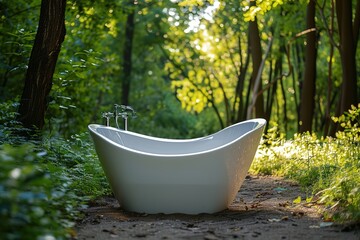 A modern bathtub placed in a serene forest setting, blending nature and relaxation.
