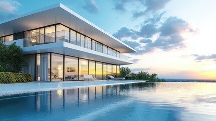 Obraz premium Modern Luxury Home with Infinity Pool and Sunset View