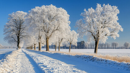 road stretches into the distance, blanketed by snow and ice. The barren winter landscape is framed by bare trees, their branches stark against the overcast sky, evoking solitude and resilience