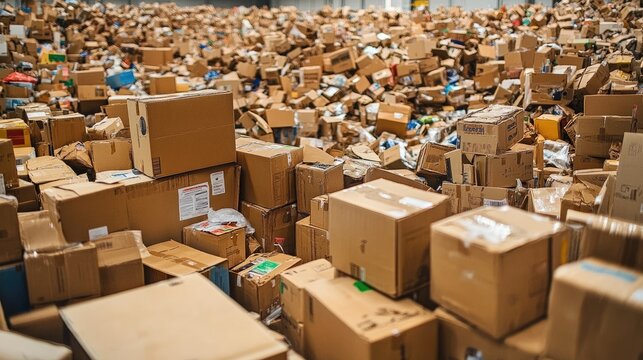A warehouse filled with stacked cardboard boxes. This image represents the fast-growing e-commerce industry and the large volume of online orders being shipped.