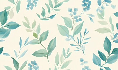 Seamless pattern of blue and green leaves on a cream background.
