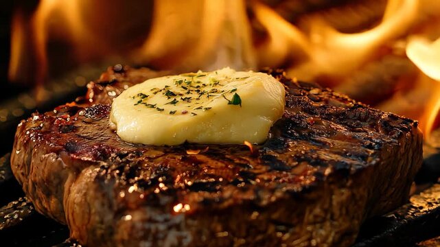 a chunk of beef steak with butter with fire on pan