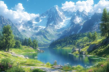 Fototapeta premium A majestic mountain landscape with towering peaks, a crystal-clear lake, and lush green valleys. Generative AI