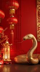Fototapeta premium Happy chinese new year, year of the snake zodiac sign hanging beautiful lantern and flowers on red background. Chinese new year decorations.