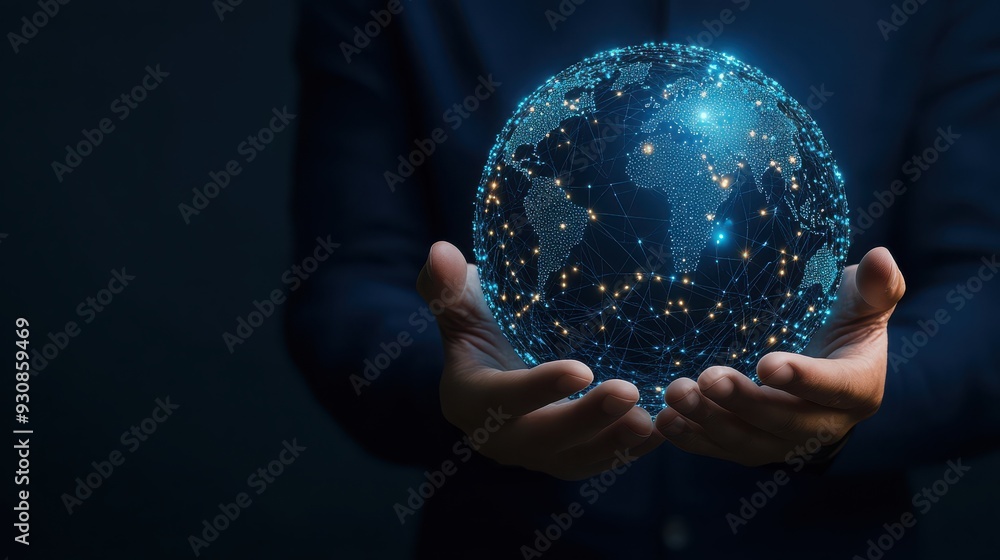 Poster a person holds a glowing globe, symbolizing technology and global connectivity with sparkles represe