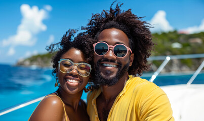 Obraz premium Couple enjoying a sunny boat ride with bright blue waters and clear skies