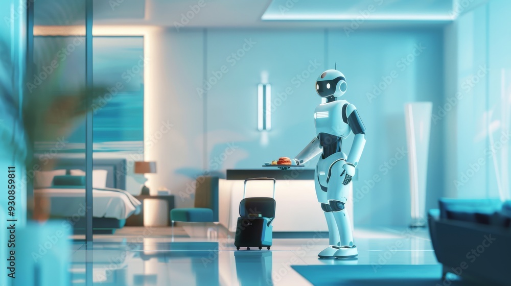 Poster futuristic modern office space with sleek design and advanced robotics offering a cutting edge envir
