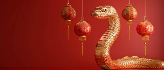 Obraz premium Happy chinese new year, year of the snake zodiac sign hanging beautiful lantern and flowers on red background.