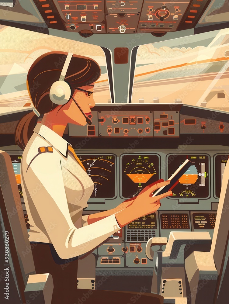 Poster The flight attendant attentively examines protocols while wearing her headset, preparing for an important landing as the sun sets in the background. Generative AI
