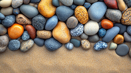 colorful pebbles and sea stones scattered on sand. The image captures the textures, shapes, and natural beauty of the stones, creating a calming and peaceful visual effect