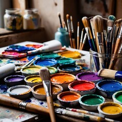 Obraz premium Artist's workspace with colorful paints and brushes