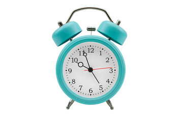 Vintage Blue Alarm Clock This image features a classic vintage-style alarm clock with a vibrant blue color. The clock has two bells on top and silver metal legs, giving it a retro look. The clock face