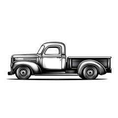 Black and white illustration of an old pickup truck.