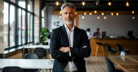 Fototapeta premium A confident businessman stands with arms crossed in a modern office with large windows and warm lighting
