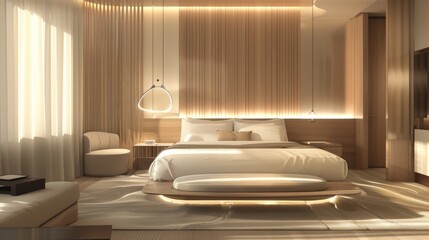 Futuristic bedroom with advanced robotics and sleek furnishings blending modern design with cutting edge technology for a sophisticated and comfortable atmosphere