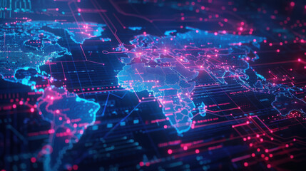 Fototapeta premium Abstract world map concept - global business network and connections, international data transfer and cyber technology.