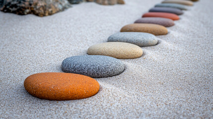 colorful pebbles and sea stones scattered on sand. The image captures the textures, shapes, and natural beauty of the stones, creating a calming and peaceful visual effect