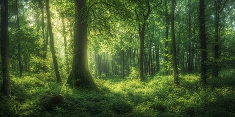 Obraz premium A vibrant forest scene featuring tall trees and lush green undergrowth. The image encapsulates the serenity and richness of a dense, natural woodland environment.