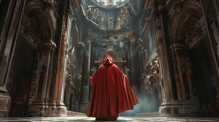 Naklejka premium A priest in a red cloak and hood stands in front of a massive, intricately carved wooden door in a large cathedral.