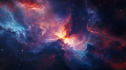 Fototapeta premium Space nebula with complex clouds of various colors ranging from blue to red, with glowing cosmic gases and distant stars embedded within. Supernatural atmosphere and deep space tones.