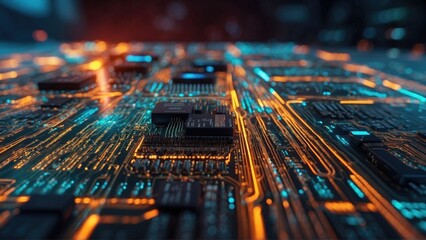 Obraz premium Abstract Close-Up of an Illuminated Circuit Board with Orange and Blue Lights